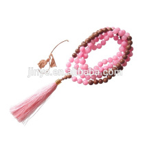 108 collar de cuentas de meditación de madera de piedras preciosas de color rosa joyería de la borla de la yoga